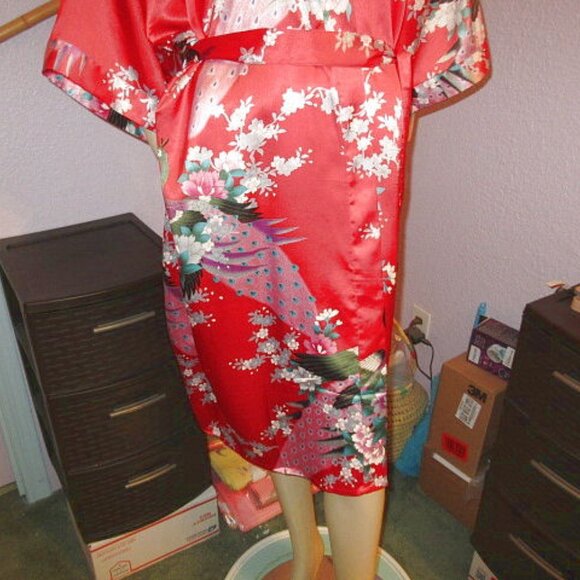 Vtg Silk Kimono Robe One Size Asian Smoking Jacket Dressing Gown Exotic Floral - Picture 4 of 8